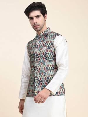 Aany's culture men's nehru jacket with digital print in cotton blend fabric 3