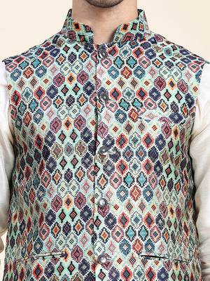 Aany's culture men's nehru jacket with digital print in cotton blend fabric 5