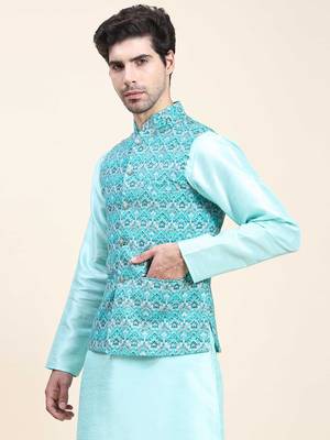 Aany's culture men's regular fit nehru jacket with mandarin collar digital printed kurta - viscose fabric 3