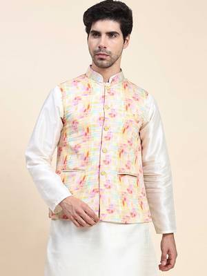 Aany's culture men's regular fit nehru jacket with mandarin collar digital printed kurta - viscose fabric 1