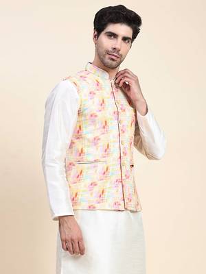 Aany's culture men's regular fit nehru jacket with mandarin collar digital printed kurta - viscose fabric 3