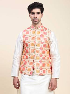 Aany's culture men's regular fit nehru jacket with mandarin collar digital printed kurta - viscose fabric 1