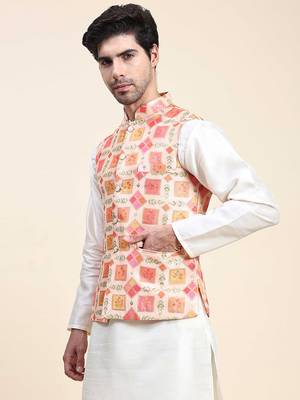 Aany's culture men's regular fit nehru jacket with mandarin collar digital printed kurta - viscose fabric 3