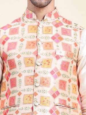 Aany's culture men's regular fit nehru jacket with mandarin collar digital printed kurta - viscose fabric 5