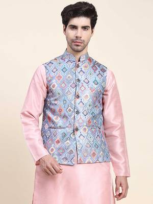 Aany's culture men's regular fit nehru jacket with mandarin collar digital printed kurta - viscose fabric 1