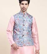 Aany's culture men's regular fit nehru jacket with mandarin collar digital printed kurta - viscose fabric