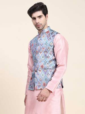 Aany's culture men's regular fit nehru jacket with mandarin collar digital printed kurta - viscose fabric 3