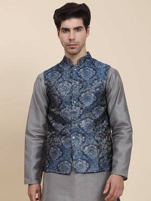 Aany's culture men's nehru jacket with digital print in cotton blend fabric 1