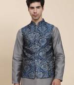 Aany's culture men's nehru jacket with digital print in cotton blend fabric