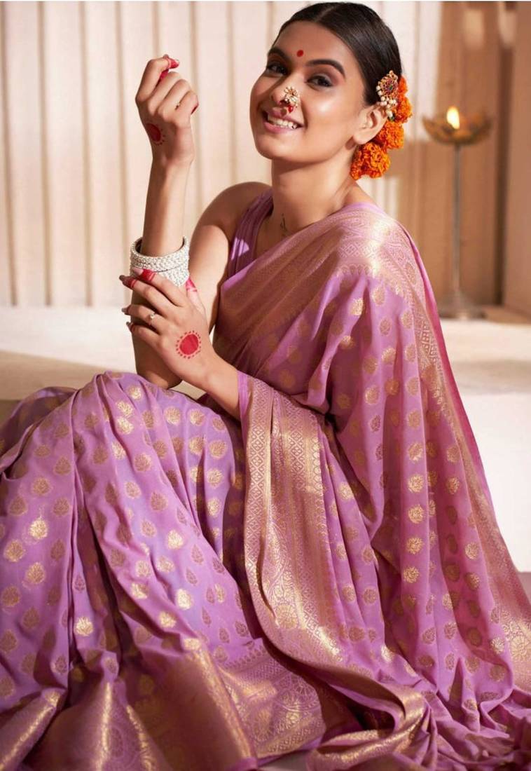 The Golden Bloom Banarasi Silk Saree With Zari & Jacquard Florals. 