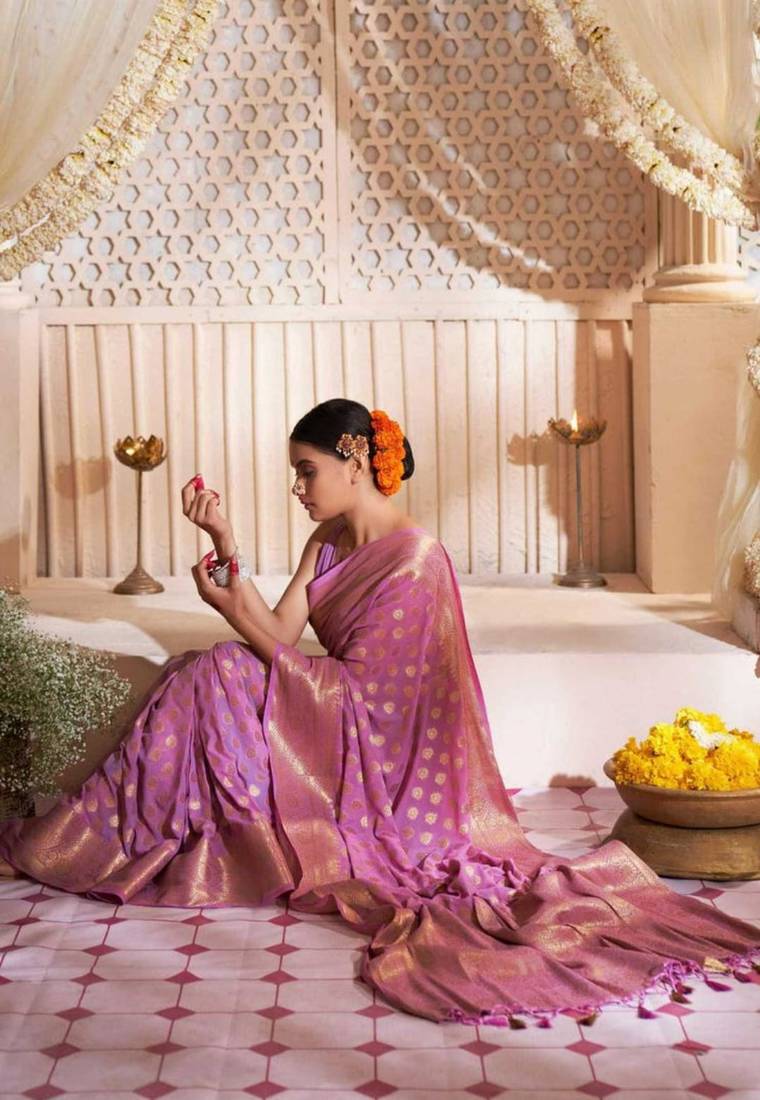 The Golden Bloom Banarasi Silk Saree With Zari & Jacquard Florals. 