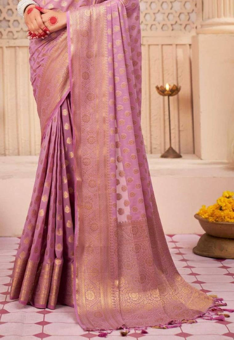 The Golden Bloom Banarasi Silk Saree With Zari & Jacquard Florals. 
