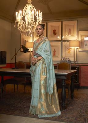Rajtex Cyan Woven Zari Silk Saree With Blouse 1