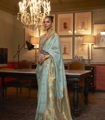 Rajtex Cyan Woven Zari Silk Saree With Blouse