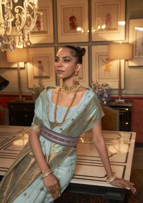 Rajtex Cyan Woven Zari Silk Saree With Blouse 2