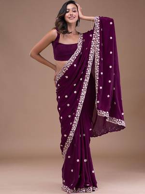 Purple Soft Satin Silk Embroidery Work Saree with Blouse 1