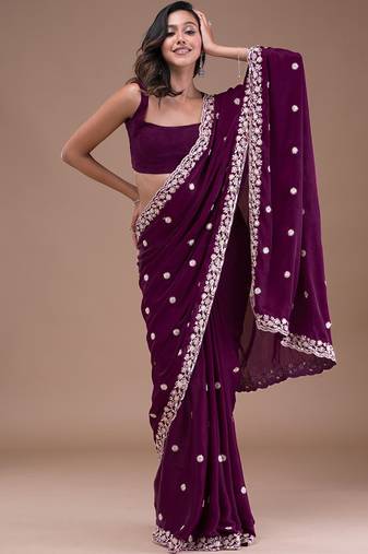 Purple Soft Satin Silk Embroidery Work Saree with Blouse
