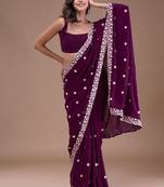 Purple Soft Satin Silk Embroidery Work Saree with Blouse