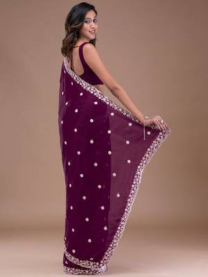 Purple Soft Satin Silk Embroidery Work Saree with Blouse 2