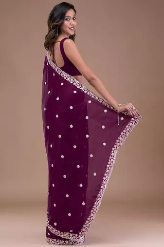 Trendmalls Purple Soft Satin Silk Embroidery Work Saree with Blouse