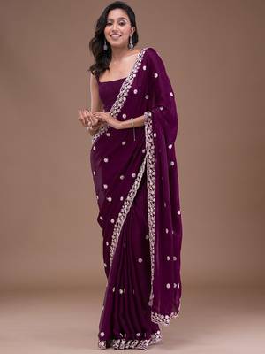 Purple Soft Satin Silk Embroidery Work Saree with Blouse 3