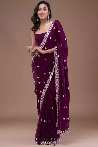 Trendmalls Purple Soft Satin Silk Embroidery Work Saree with Blouse