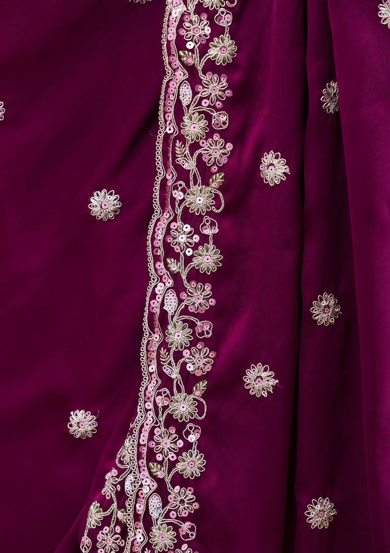 Purple Soft Satin Silk Embroidery Work Saree with Blouse