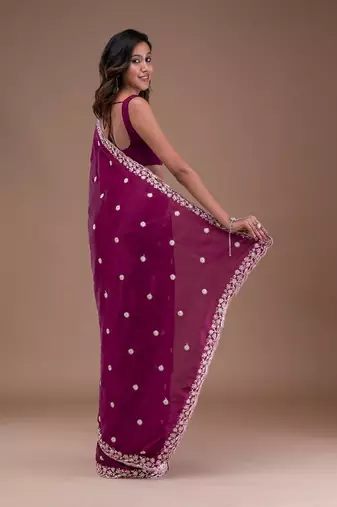 Trendmalls Purple Soft Satin Silk Embroidery Work Saree with Blouse