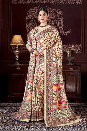 Women'S Multicolor Digital Printed Pasmina Saree With Shawl