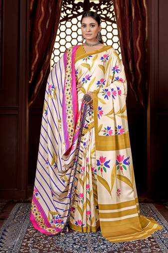 Women'S Multicolor Digital Printed Pasmina Saree With Shawl