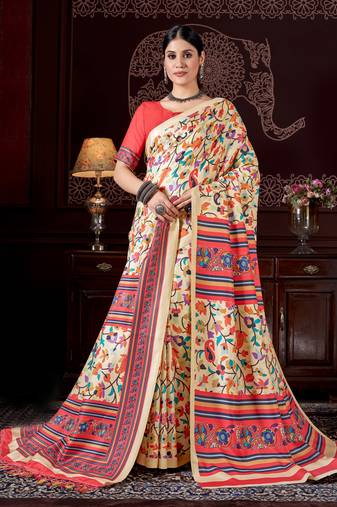 Women'S Multicolor Digital Printed Pasmina Saree With Shawl