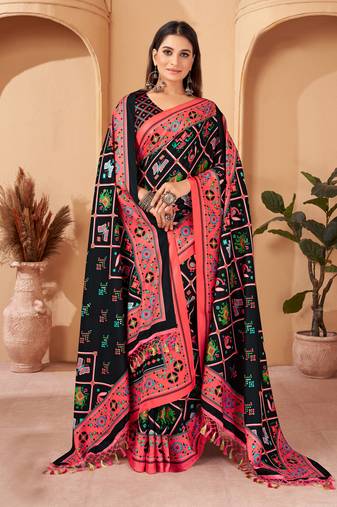 Women'S Multicolor Digital Printed Pasmina Saree With Shawl