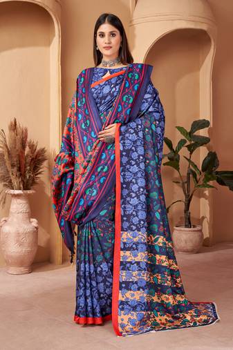 Women'S Multicolor Digital Printed Pasmina Saree With Shawl