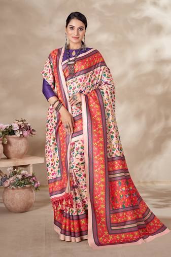 Women'S Multicolor Digital Printed Pasmina Saree With Shawl