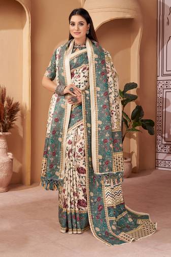 Women'S Multicolor Digital Printed Pasmina Saree With Shawl