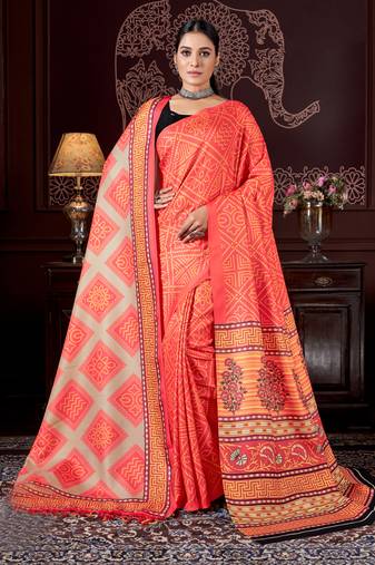 Women'S Multicolor Digital Printed Pasmina Saree With Shawl