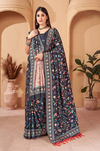 Women'S Multicolor Digital Printed Pasmina Saree With Shawl
