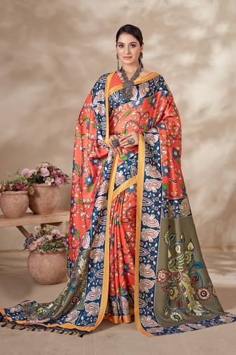 Women'S Multicolor Digital Printed Pasmina Saree With Shawl