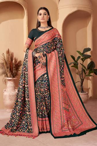Women'S Multicolor Digital Printed Pasmina Saree With Shawl