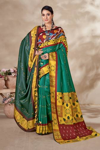 Women'S Multicolor Digital Printed Pasmina Saree With Shawl