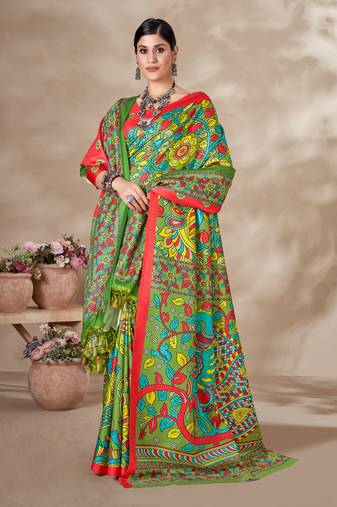 Women'S Multicolor Digital Printed Pasmina Saree With Shawl