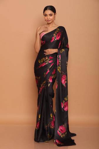 Black Digital Printed Pure Japan Satin Saree With Blouse