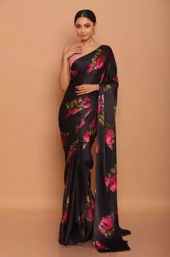 Black Digital Printed Pure Japan Satin Saree With Blouse