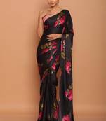 Black Digital Printed Pure Japan Satin Saree With Blouse