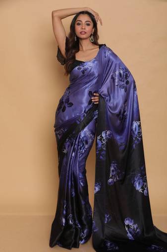 Blue Digital Printed Pure Japan Satin Saree With Blouse