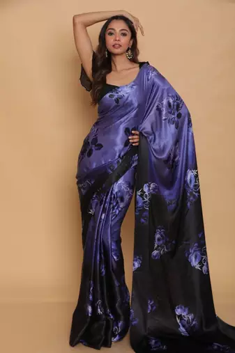 Blue Digital Printed Pure Japan Satin Saree With Blouse