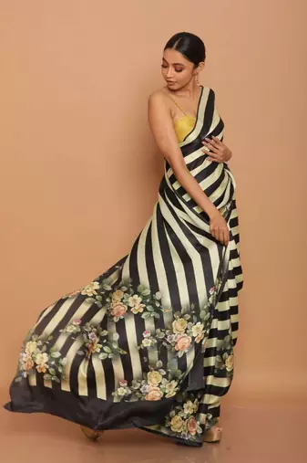 Multicolor Digital Printed Pure Japan Satin Saree With Blouse
