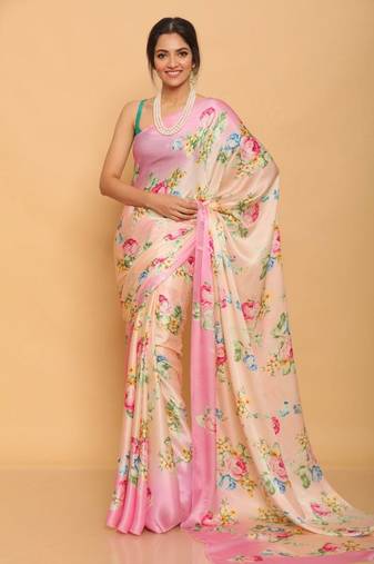 Pink Digital Printed Pure Japan Satin Saree With Blouse