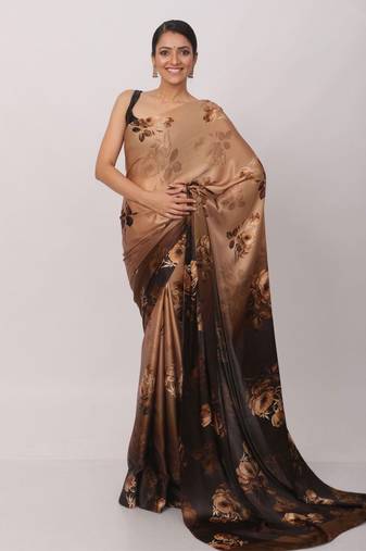 Coffee Digital Printed Pure Japan Satin Saree With Blouse