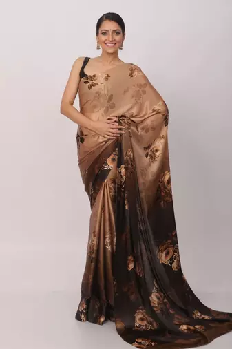 Coffee Digital Printed Pure Japan Satin Saree With Blouse
